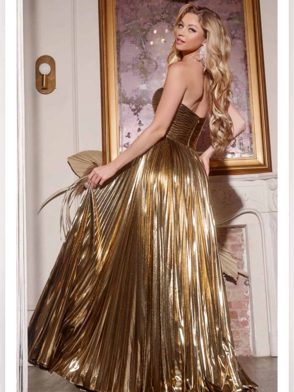 JOVANI Gold Metallic Pleated Strapless Floral Cut Out Prom Gown 42335 Size 0 - Picture 6 of 14
